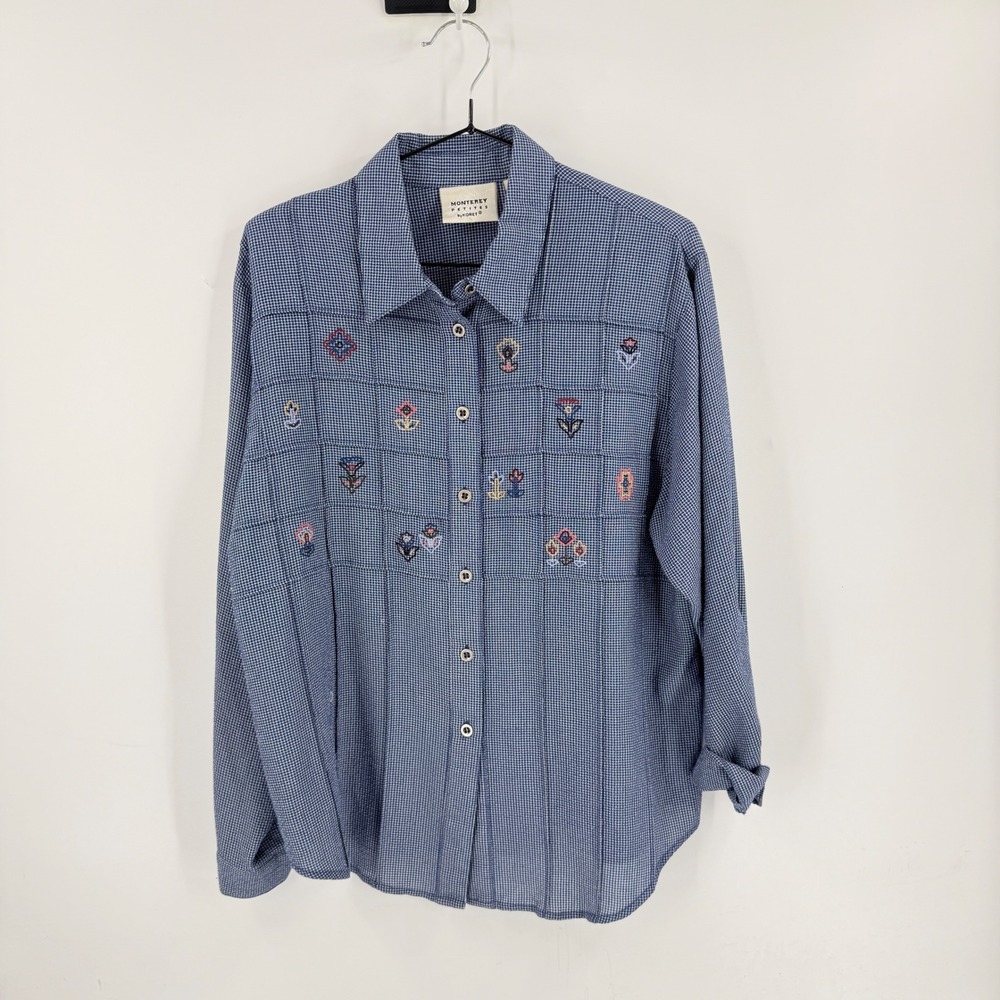 Vintage Monterey Petites Embroidered Gingham Pintuck Top Size M Coastal Cottage